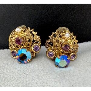 Vintage Western Germany Clip on Earrings AB Rhinestone Gold Tone